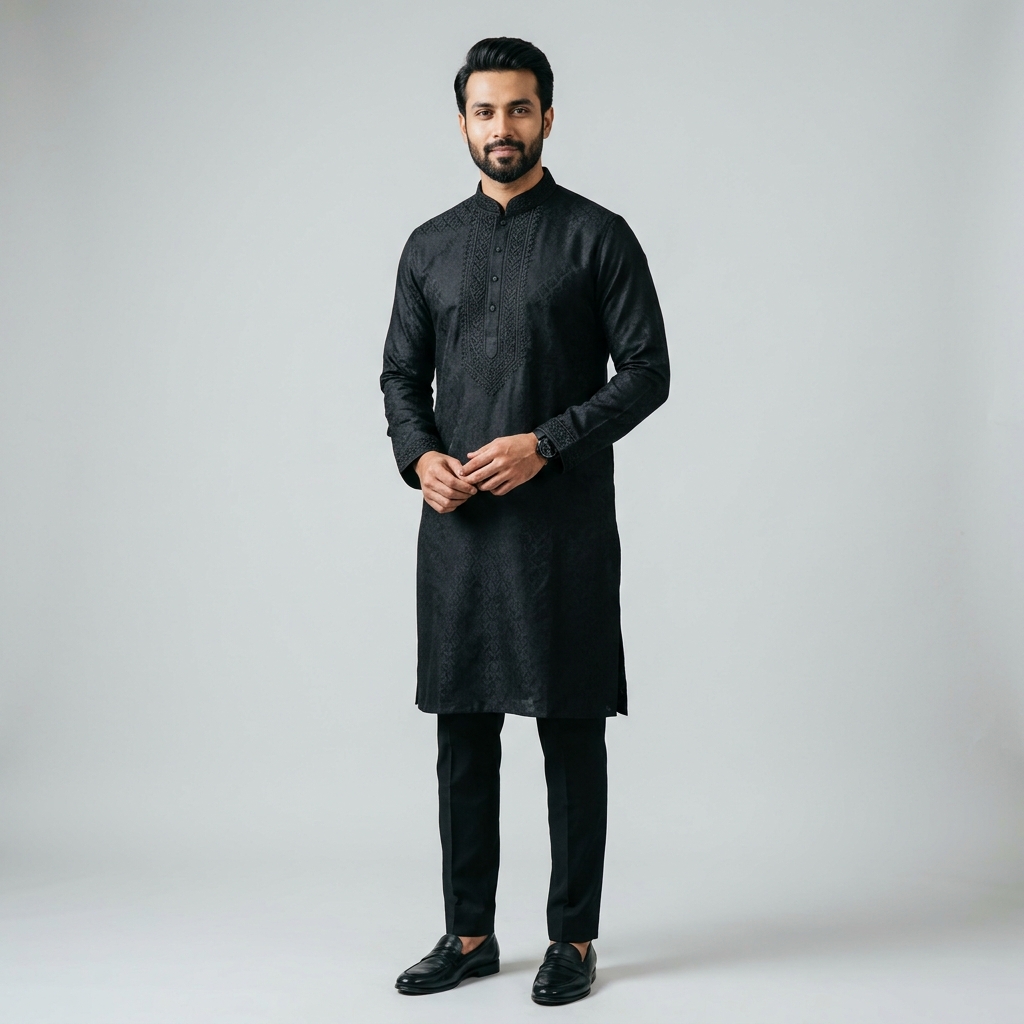 Midnight Black Jacquard Festive Panjabi
