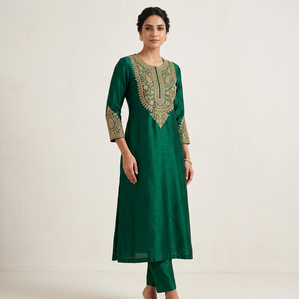 Emerald Green Embroidered Silk Kurti Set